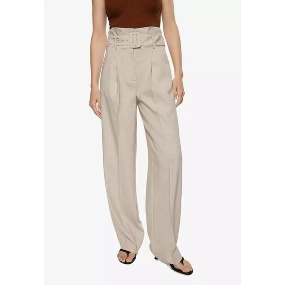 Mango Suit Beige Wide Leg High Waist Belted Trousers Dress Pants Size 2 NWT